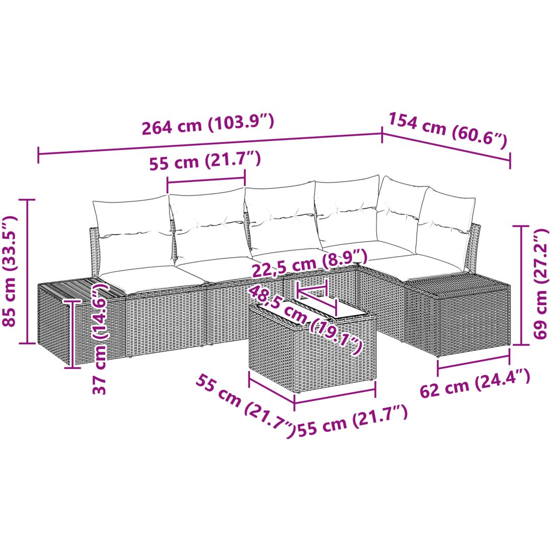 5-delars trädgårdsoff set med kuddar grå poly rattan vidaXL 264 x 154 x 85 cm – bild 9