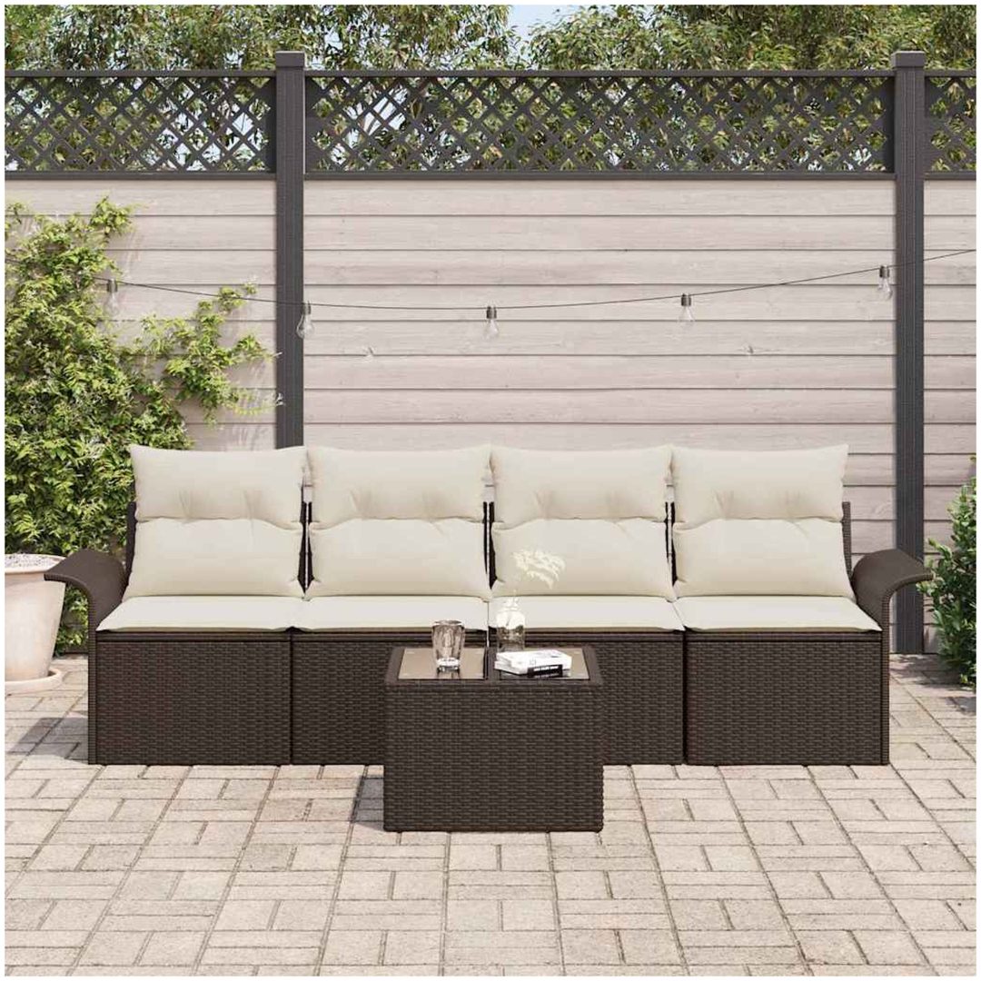 5-delars trädgårdsoff-set med kuddar i brun poly-rattan vidaXL Medium – bild 3