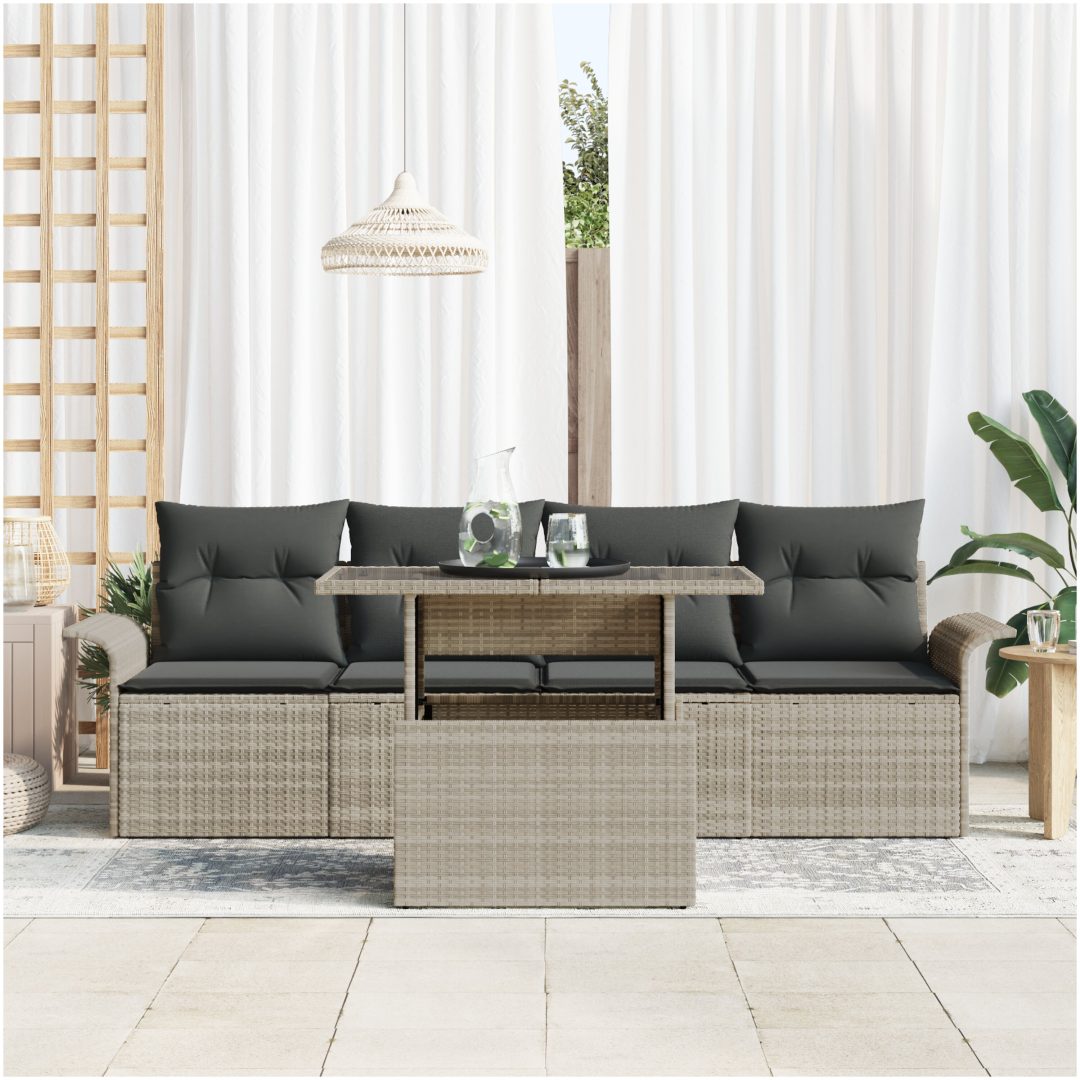 5-delars trädgårdsoff-set med kuddar i ljusgrå polyrotting vidaXL 100 x 55 x 73 cm – bild 3