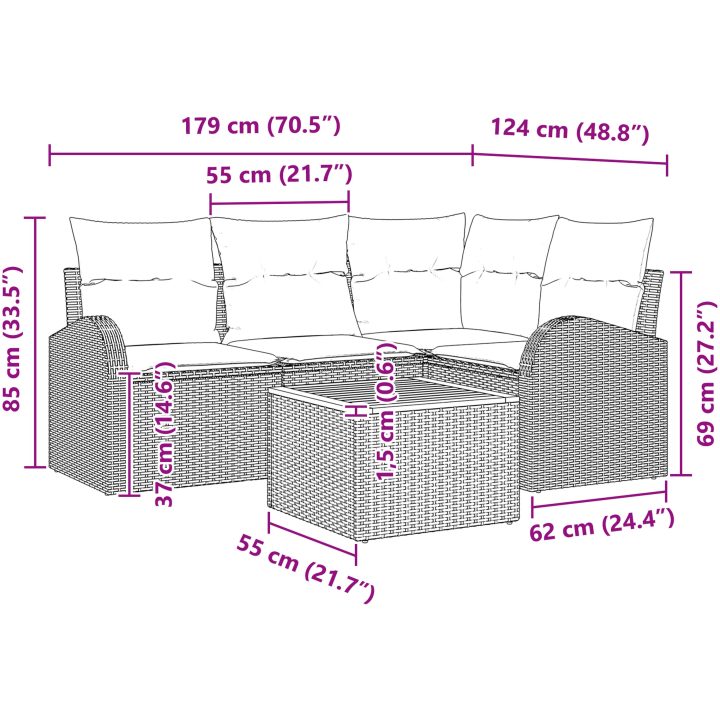 5-delars trädgårdsoff set med kuddar svart poly rattan akacia vidaXL 55 x 55 x 37 cm – bild 12
