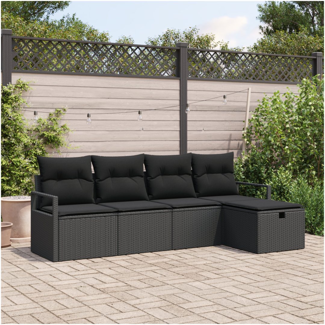 5-delars Trädgårdsoff Set med Kuddar Svart Poly Rattan vidaXL 110 cm x 260 cm