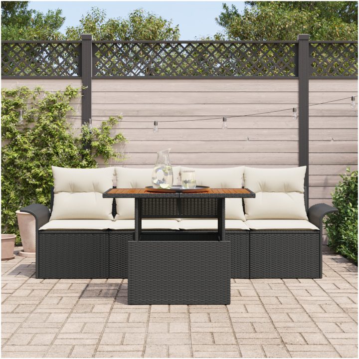 5-delars trädgårdsoff-set med kuddar svart poly rattan vidaXL Medium – bild 3