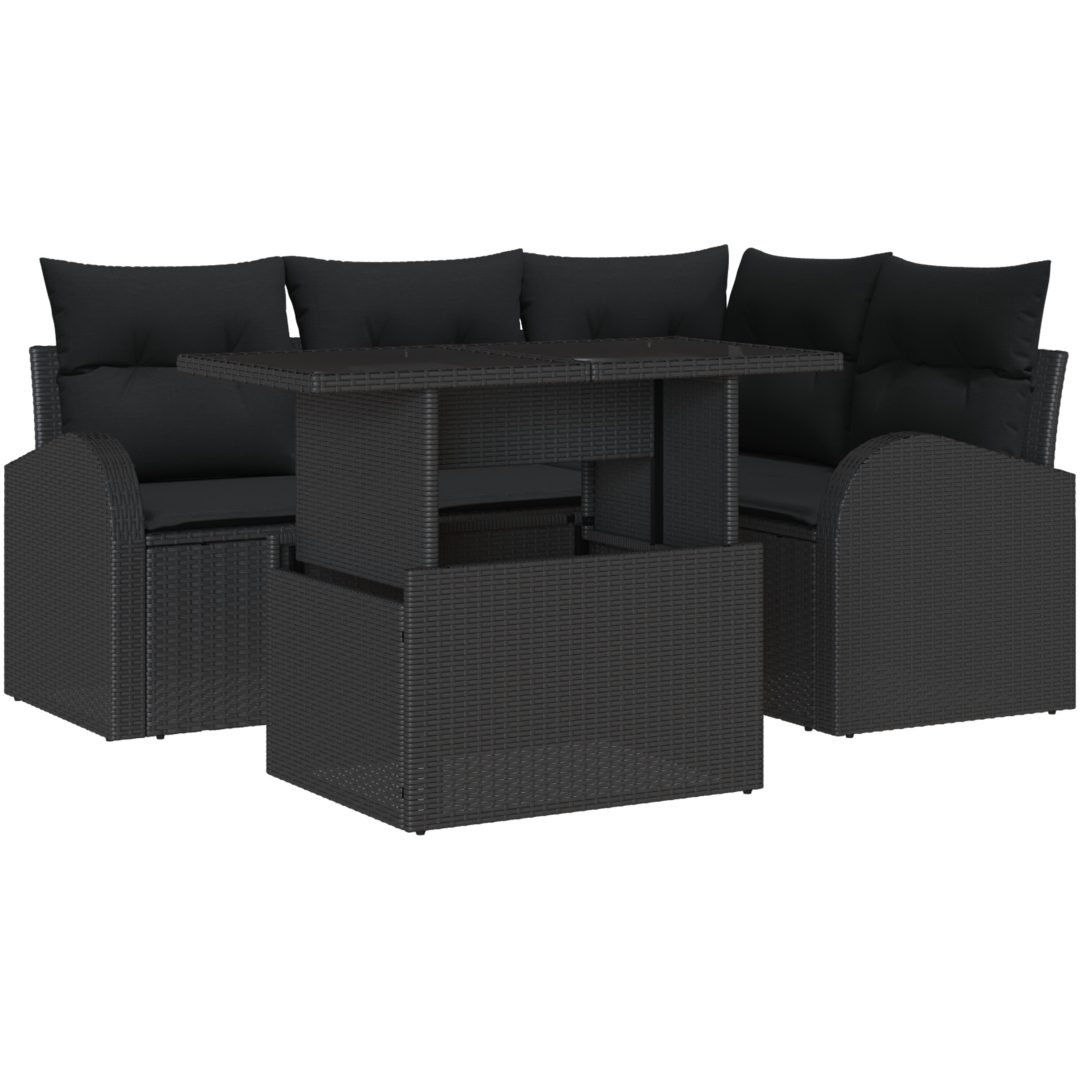 5-delars Trädgårdsoff-set med kuddar - Svart Poly Rattan vidaXL Stor – bild 2