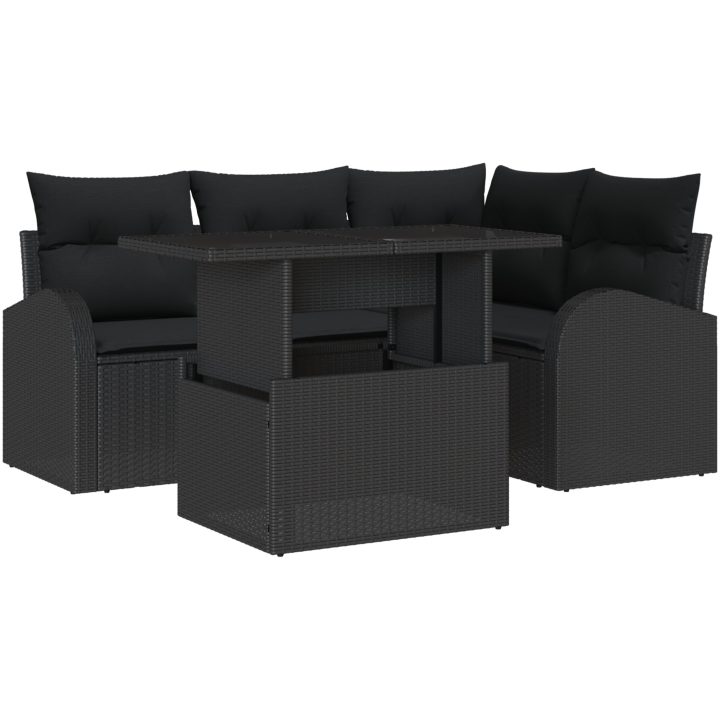 5-delars Trädgårdsoff-set med kuddar - Svart Poly Rattan vidaXL Stor – bild 2