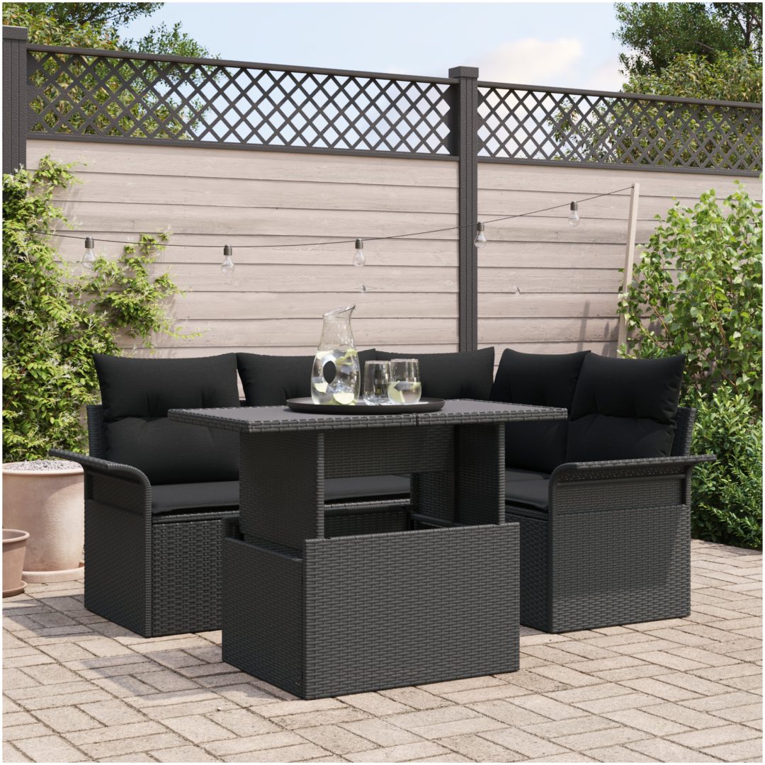 5-delars Trädgårdsoff Set med Kuddar Svart Poly-Rotting vidaXL 100 x 55 x 73 cm