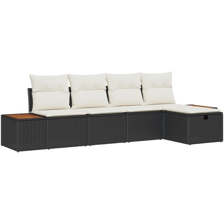 5-delars trädgårdsoff-set med svarta kuddar i polyester och rattan. vidaXL 294 x 117 x 85 cm – bild 2