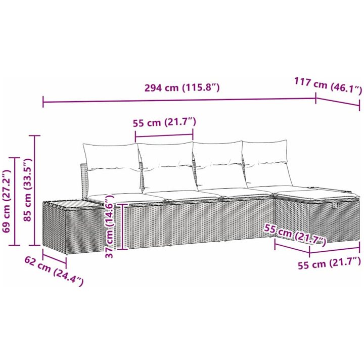 5-delars trädgårdsoff-set med svarta kuddar i polyester och rattan. vidaXL 294 x 117 x 85 cm – bild 9