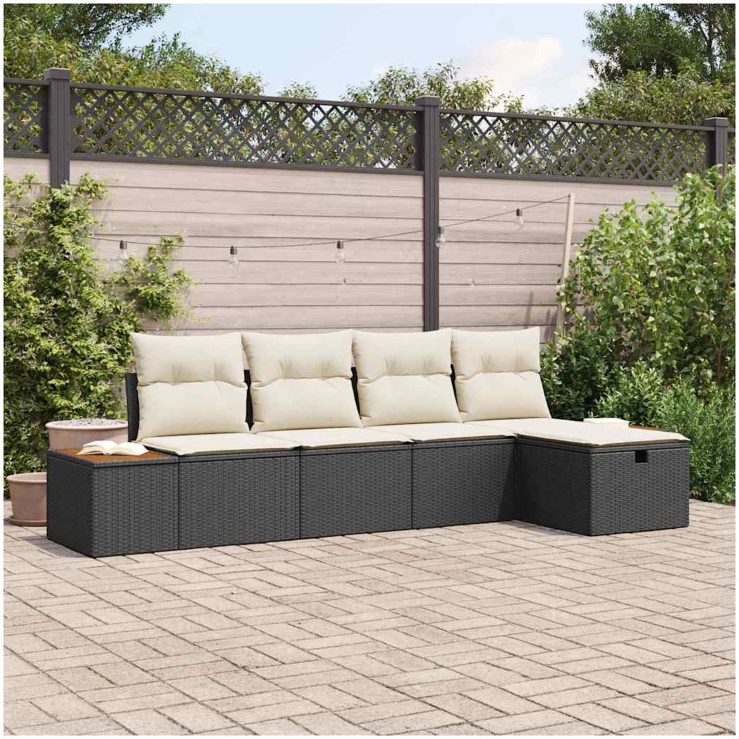 5-delars trädgårdsoff-set med svarta kuddar i polyester och rattan. vidaXL 294 x 117 x 85 cm