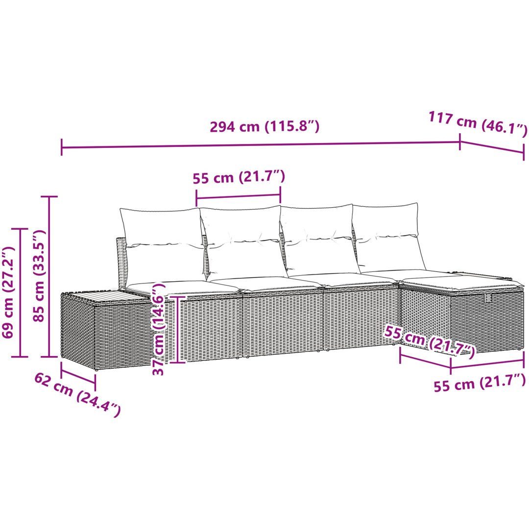 5-delars trädgårdsoffa med grå poly-rattan kuddar vidaXL 294 x 117 x 85 cm – bild 9