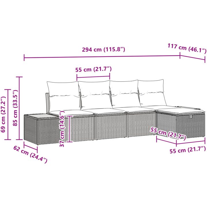5-delars trädgårdsoffa med grå poly-rattan kuddar vidaXL 294 x 117 x 85 cm – bild 9