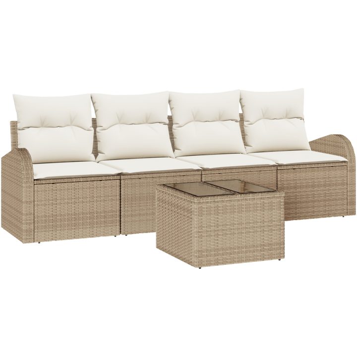 5 Delars Trädgårdsoffa med Kuddar Beige Poly Rattan vidaXL 55 x 55 x 37 cm – bild 2