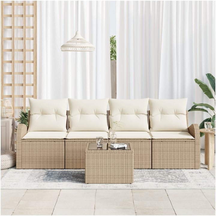 5 Delars Trädgårdsoffa med Kuddar Beige Poly Rattan vidaXL 55 x 55 x 37 cm – bild 3