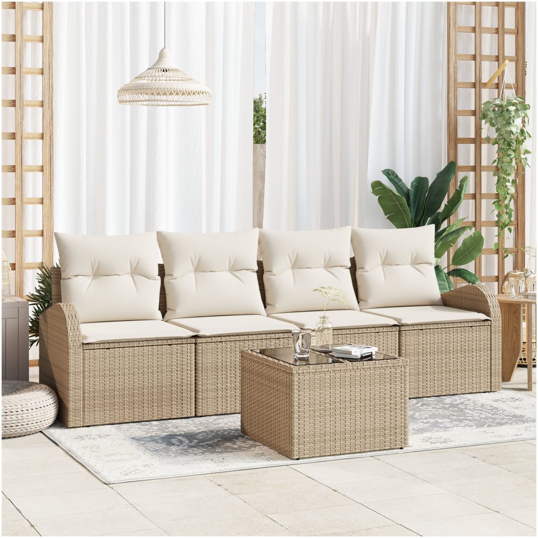 5 Delars Trädgårdsoffa med Kuddar Beige Poly Rattan vidaXL 55 x 55 x 37 cm