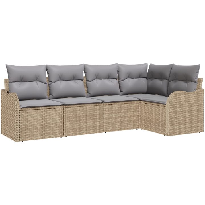 5-delars trädgårdsoffa med kuddar beige poly rotting vidaXL Stor – bild 2