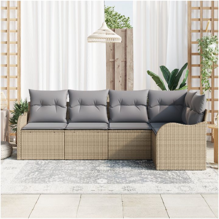 5-delars trädgårdsoffa med kuddar beige poly rotting vidaXL Stor – bild 3