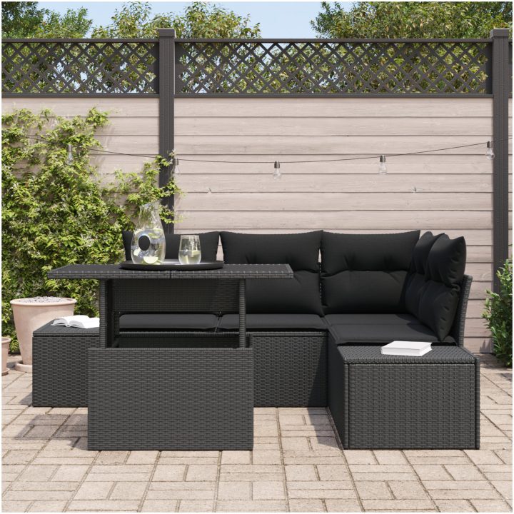 5-delars trädgårdsoffagrupp med kuddar, svart poly rattan vidaXL 100 x 55 x 73 cm – bild 3