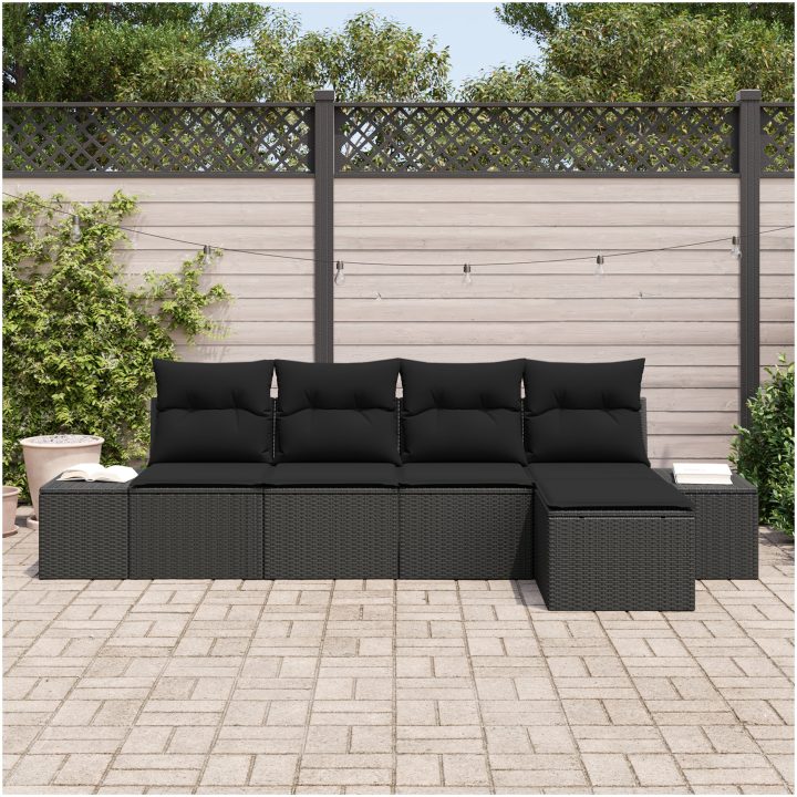 5-delars trädgårdsoffagrupp med kuddar svart poly rattan vidaXL 294 x 117 x 85 cm – bild 3