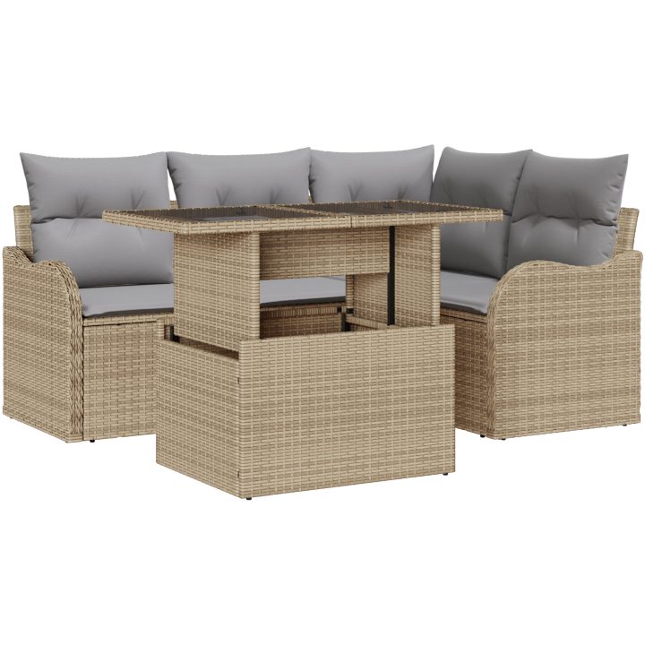 5-delars trädgårdsoffas med kuddar Beige polyrotting vidaXL Medium – bild 2