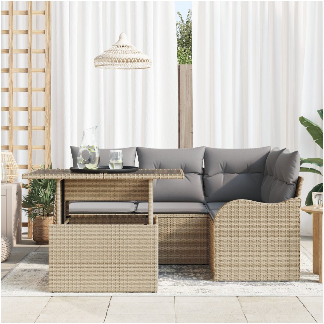 5-delars trädgårdsoffas med kuddar Beige polyrotting vidaXL Medium – bild 3