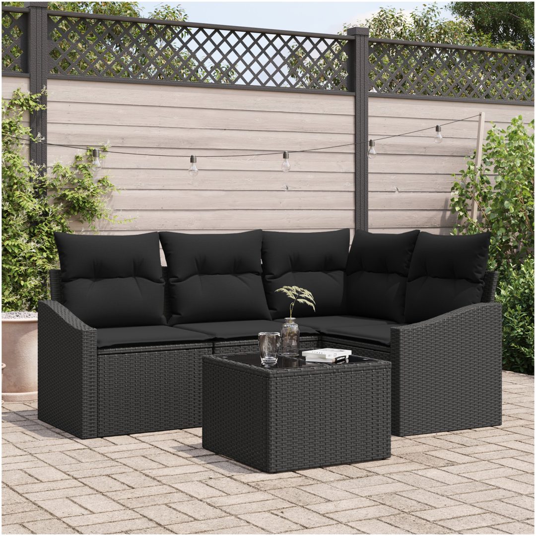 5-delars trädgårdsoffaset med kuddar Beige Poly Rattan vidaXL 178.5 x 123.5 x 85 cm