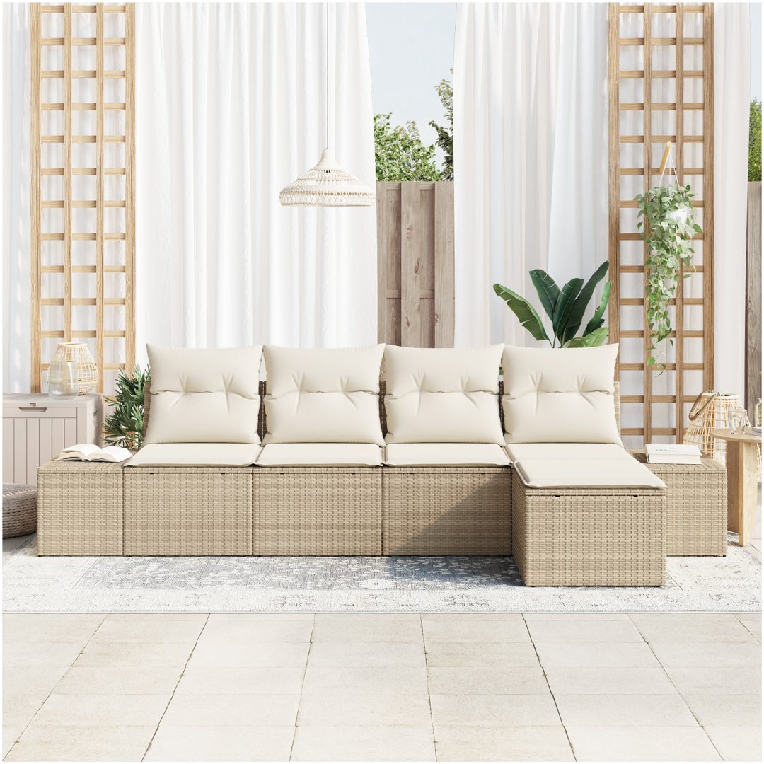 5-delars trädgårdsoffaset med kuddar beige poly-rattan vidaXL 294 x 117 x 85 cm – bild 3