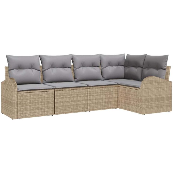5-delars Trädgårdsoffaset med kuddar Beige Poly Rottning vidaXL 234 x 124 x 85 cm – bild 2