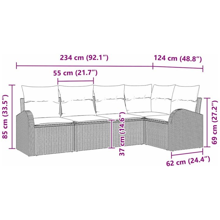 5-delars Trädgårdsoffaset med kuddar Beige Poly Rottning vidaXL 234 x 124 x 85 cm – bild 8