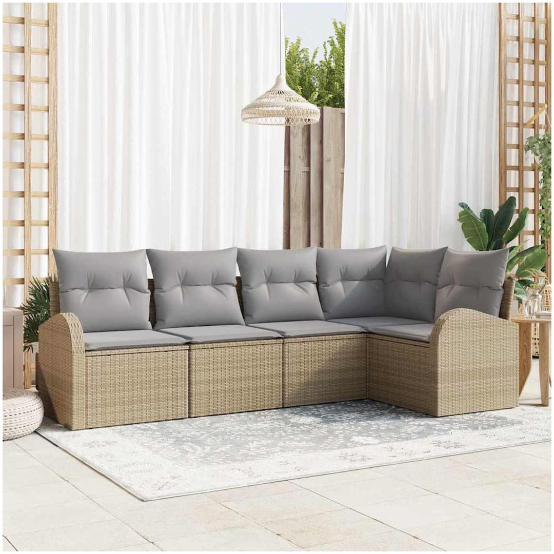 5-delars Trädgårdsoffaset med kuddar Beige Poly Rottning vidaXL 234 x 124 x 85 cm