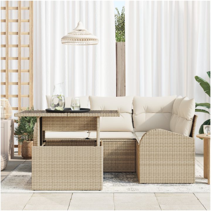 5-delars trädgårdsoffaset med kuddar beige Polyrotting vidaXL Mellan – bild 3
