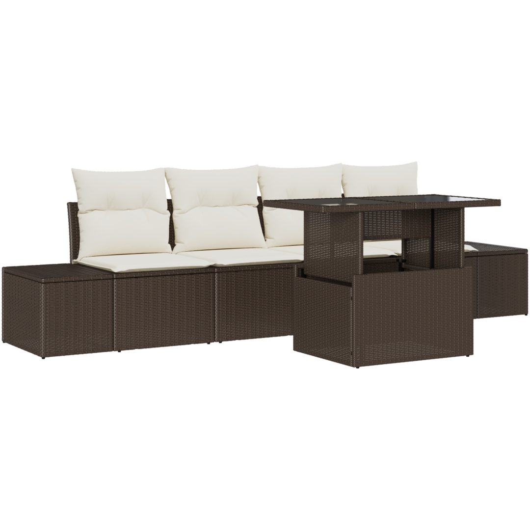 5-delars trädgårdsoffaset med kuddar, brun poly-ratt vidaXL 100 x 55 x 73 cm – bild 2