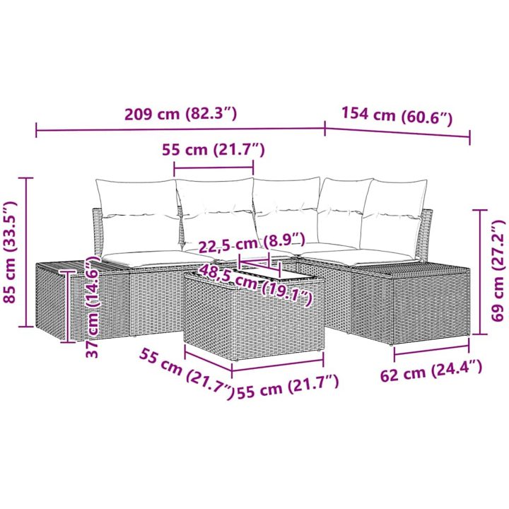 5-delars trädgårdsoffaset med kuddar grå poly rotting. vidaXL 209 x 154 x 85 cm – bild 9