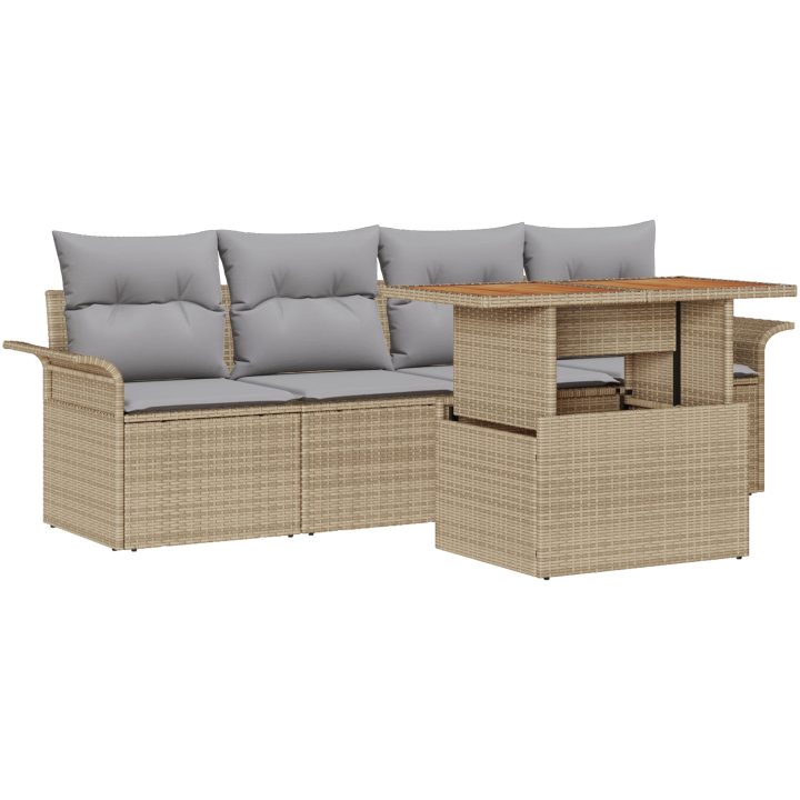 5-delars trädgårdsoffaset med kuddar i beige poly-rattan vidaXL Stor – bild 2