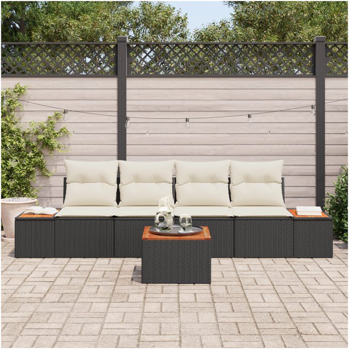 5-delars trädgårdsoffaset med kuddar i svart poly-rattank och akacia vidaXL 55 x 55 x 37 cm – bild 3
