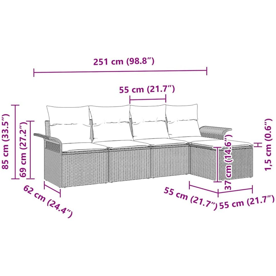 5-delars trädgårdsoffaset med kuddar ljusgrå poly rattan vidaXL 251 x 117 x 85 cm – bild 11