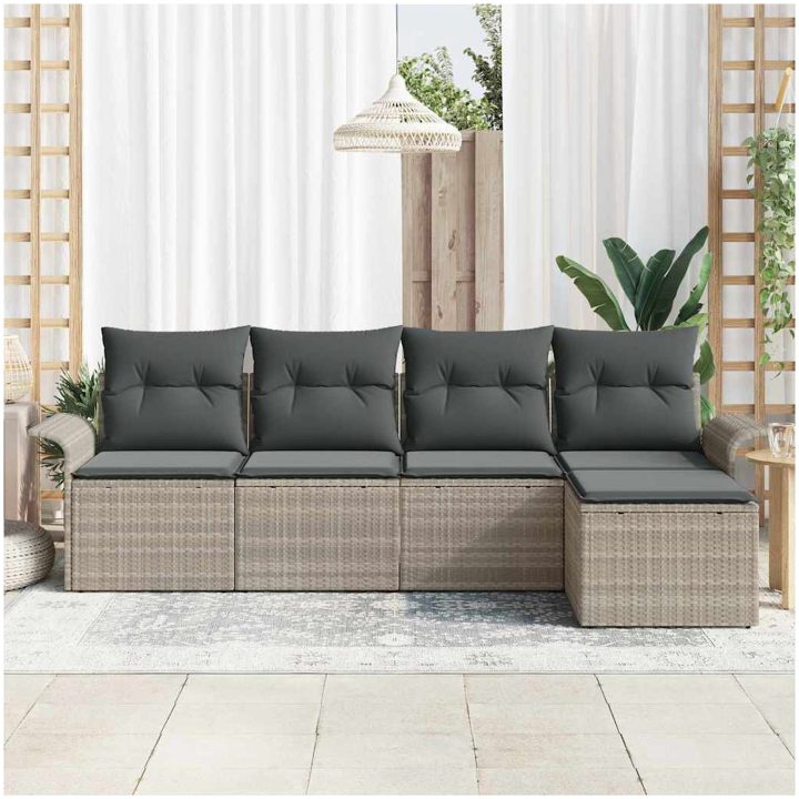 5-delars trädgårdsoffaset med kuddar ljusgrå poly rattan vidaXL 251 x 117 x 85 cm – bild 3