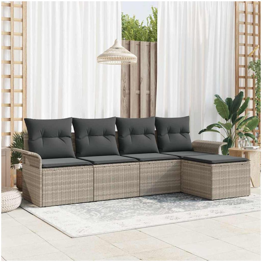 5-delars trädgårdsoffaset med kuddar ljusgrå poly rattan vidaXL 251 x 117 x 85 cm
