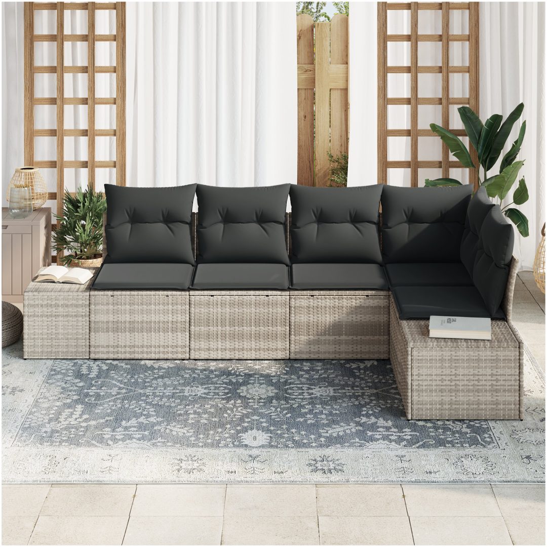 5-delars trädgårdsoffaset med kuddar ljusgrå poly rotting vidaXL 264 x 154 x 85 cm – bild 3
