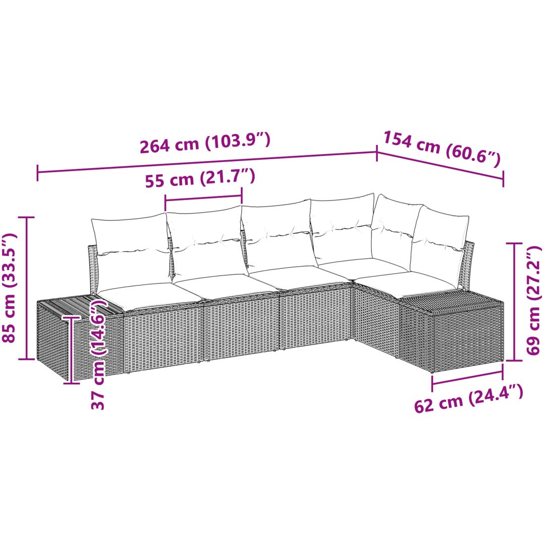 5-delars trädgårdsoffaset med kuddar ljusgrå poly rotting vidaXL 264 x 154 x 85 cm – bild 8