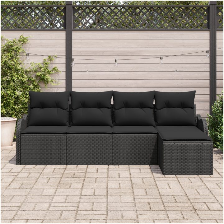 5-delars trädgårdsoffaset med kuddar svart poly rattan vidaXL Medium, 121 x 62 x 69 cm – bild 3