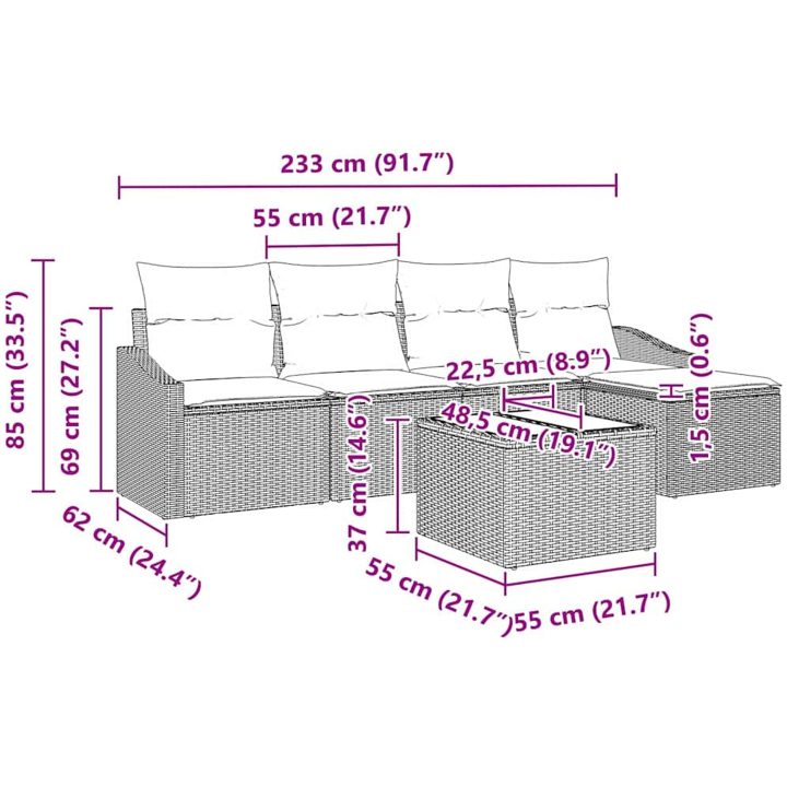 5-delars trädgårdsoffaset med kuddar svart poly-rotting vidaXL 233 x 117 x 85 cm – bild 9