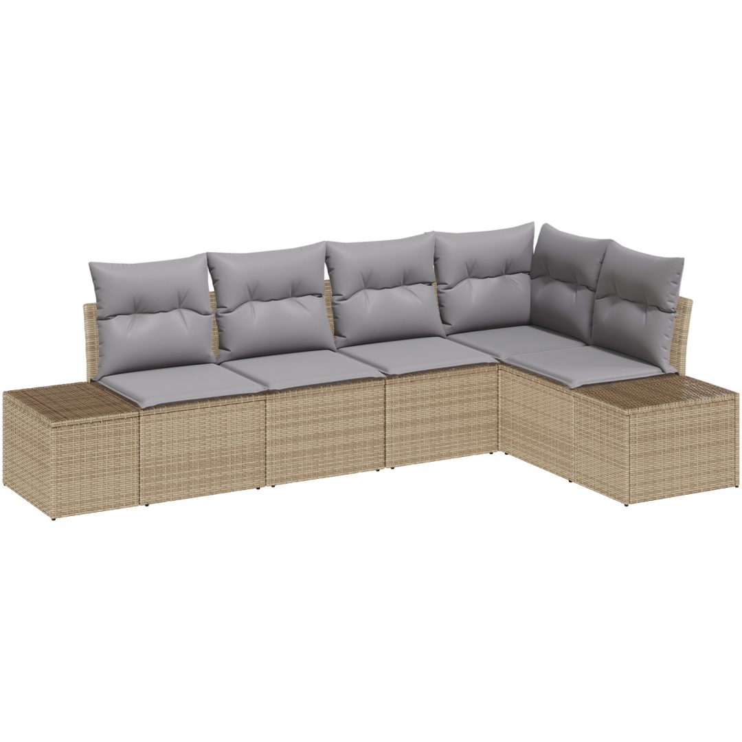 5-delars trädgårdsoffasett med kuddar Beige Poly Rattan vidaXL 264 x 154 x 85 cm – bild 2