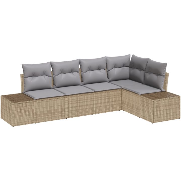 5-delars trädgårdsoffasett med kuddar Beige Poly Rattan vidaXL 264 x 154 x 85 cm – bild 2