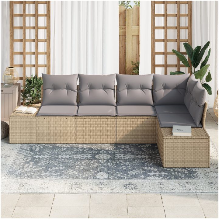 5-delars trädgårdsoffasett med kuddar Beige Poly Rattan vidaXL 264 x 154 x 85 cm – bild 3
