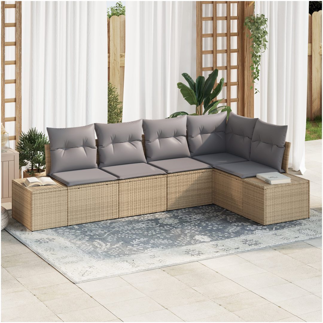 5-delars trädgårdsoffasett med kuddar Beige Poly Rattan vidaXL 264 x 154 x 85 cm