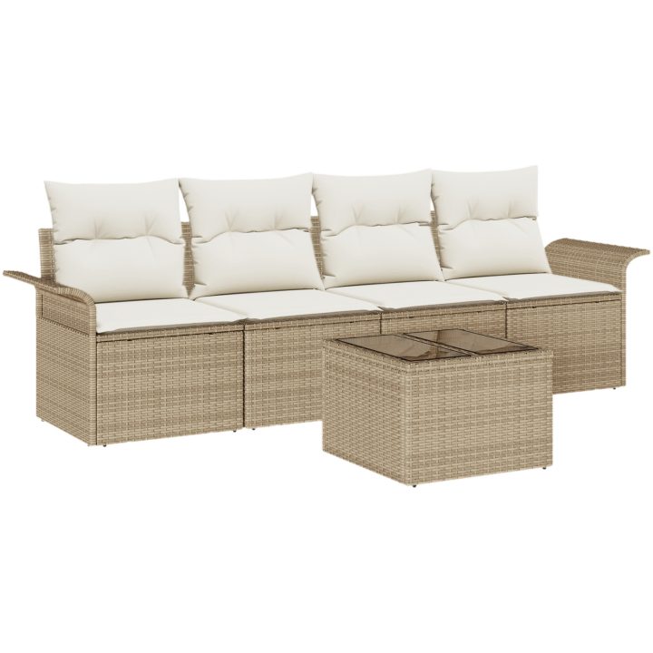 5-delars trädgårdsoffasett med kuddar beige poly rotting vidaXL 4 - Delars set – bild 2