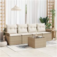 5-delars trädgårdsoffasett med kuddar beige poly rotting vidaXL