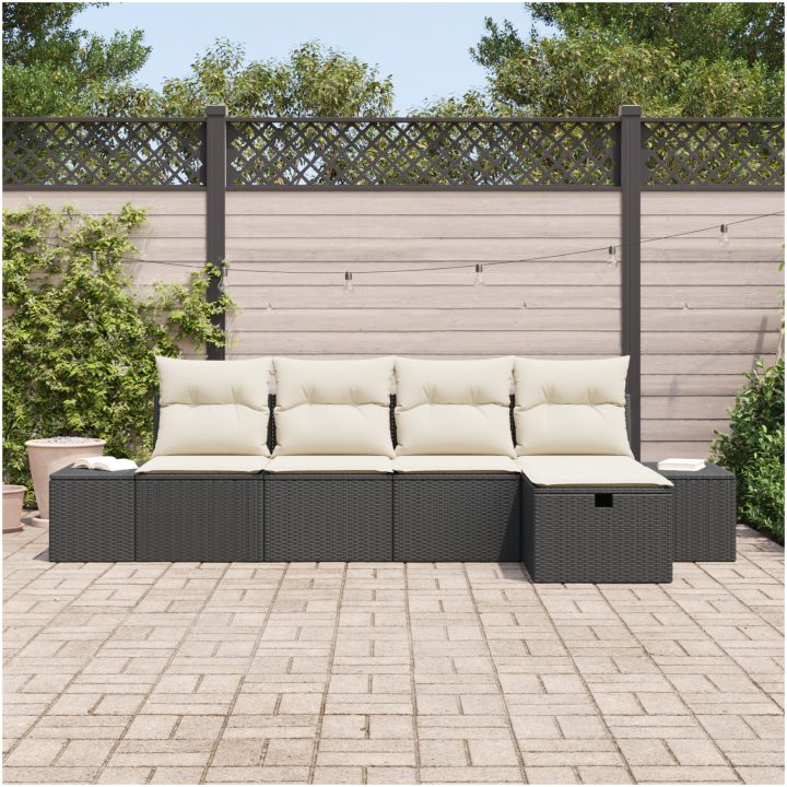 5-delars trädgårdsoffasett med kuddar i svart poly-rattan vidaXL 239 x 117 x 85 cm – bild 3