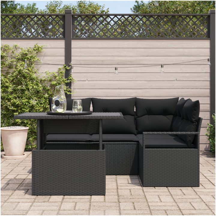 5-delars Trädgårdsoffasett med Kuddar Svart Poly Rattan vidaXL Medium – bild 3