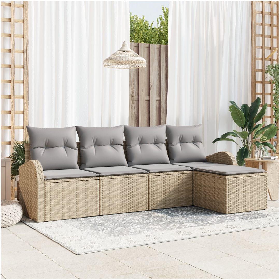5 Delars Trädgårdsoffeset med Kuddar Beige Poly Rottning vidaXL 234 x 117 x 85 cm