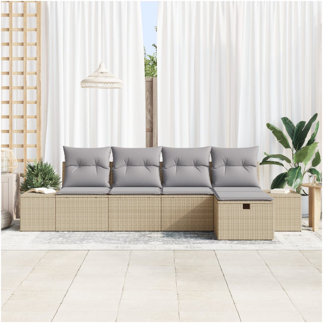 5-delars Trädgårdsoffgrupp med kuddar i beige poly-rattan vidaXL 239 x 117 x 85 cm – bild 3